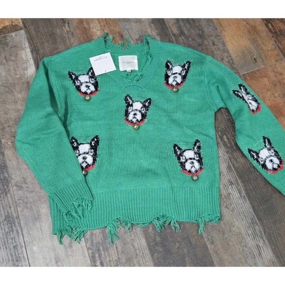 No Comment Girls Boston Terrier Bell Green Ugly Sweater Large (14) NWT B9